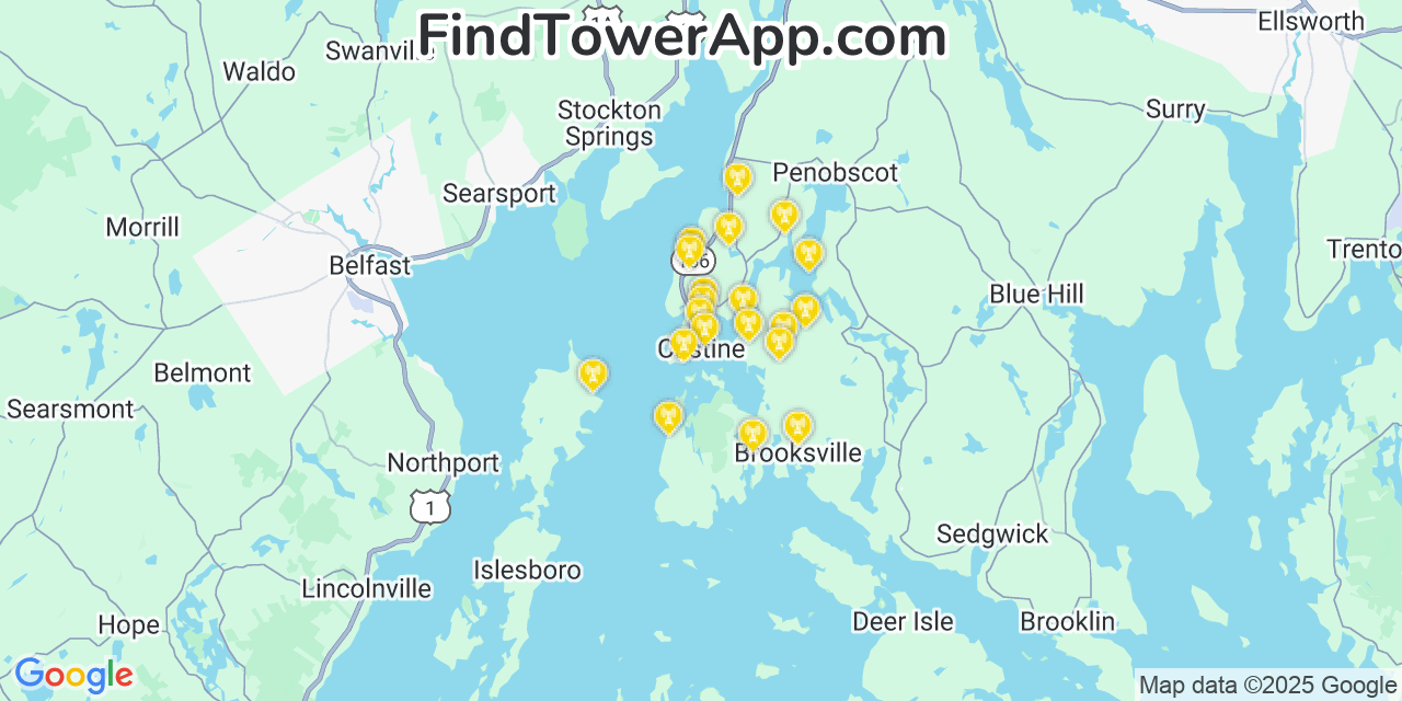 Map showing the 20 primary cell tower locations detected in Castine, Maine from AT&T, Verizon, and T-Mobile networks