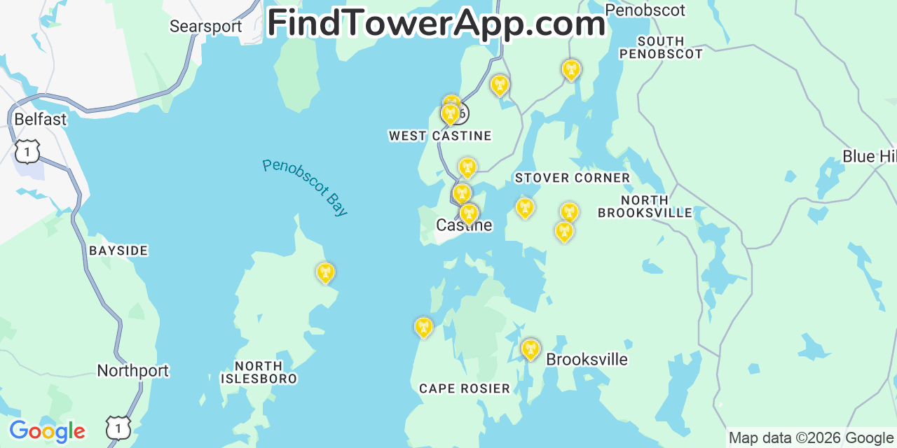 Map showing the 20 primary cell tower locations detected in Castine, Maine from AT&T, Verizon, and T-Mobile networks