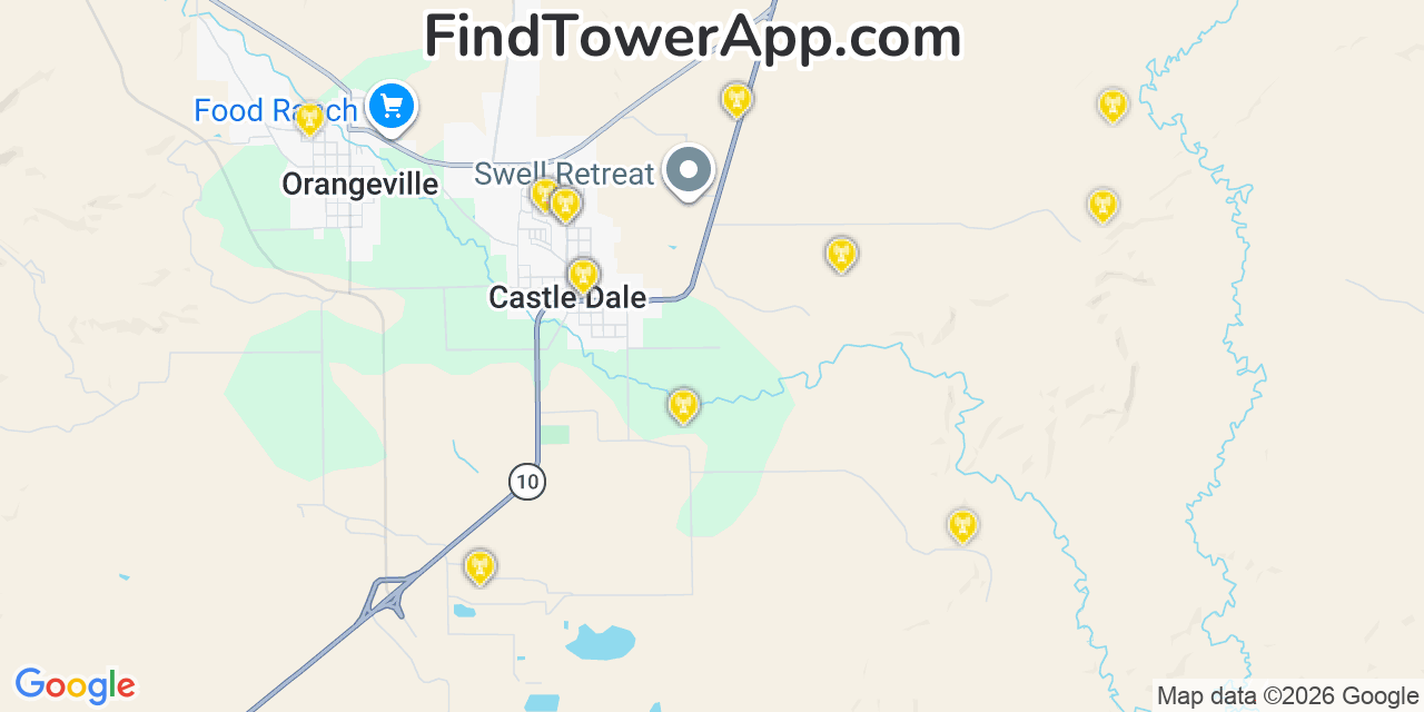 Map showing the 20 primary cell tower locations detected in Castle Dale, Utah from AT&T, Verizon, and T-Mobile networks