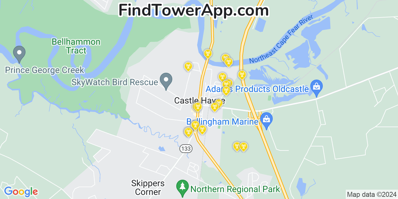 AT&T 4G/5G cell tower coverage map Castle Hayne, North Carolina