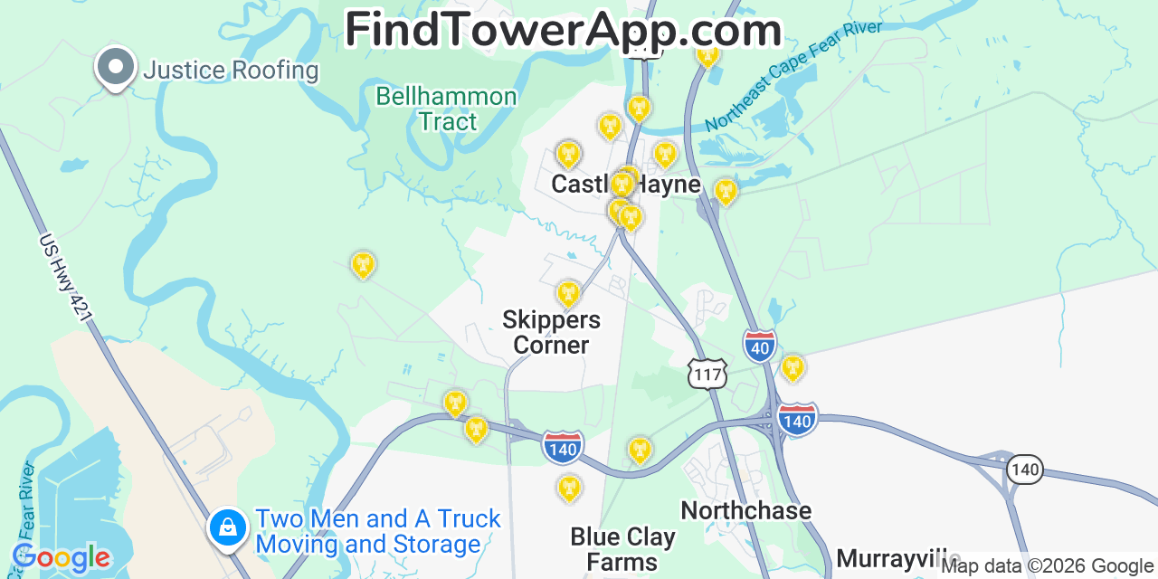 Map showing the 20 primary cell tower locations detected in Castle Hayne, North Carolina from AT&T, Verizon, and T-Mobile networks