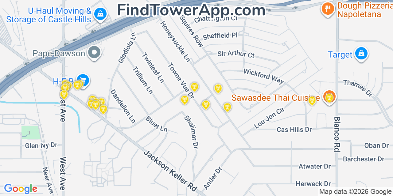 Map showing the 20 primary cell tower locations detected in Castle Hills, Texas from AT&T, Verizon, and T-Mobile networks