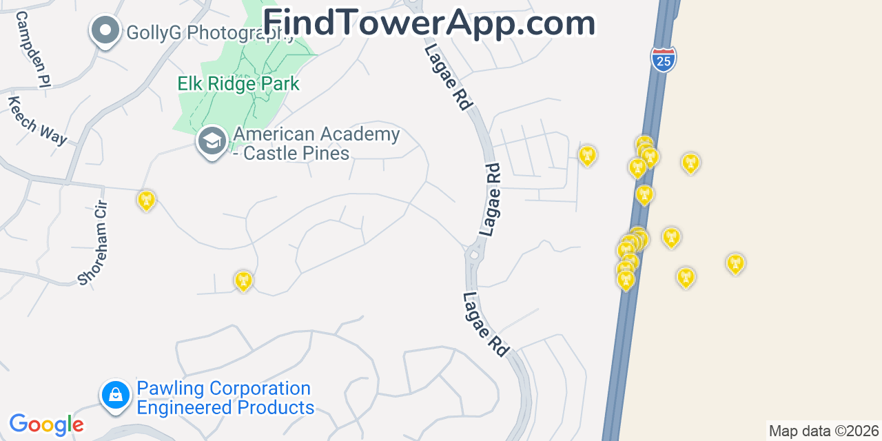 Map showing the 20 primary cell tower locations detected in Castle Pines, Colorado from AT&T, Verizon, and T-Mobile networks