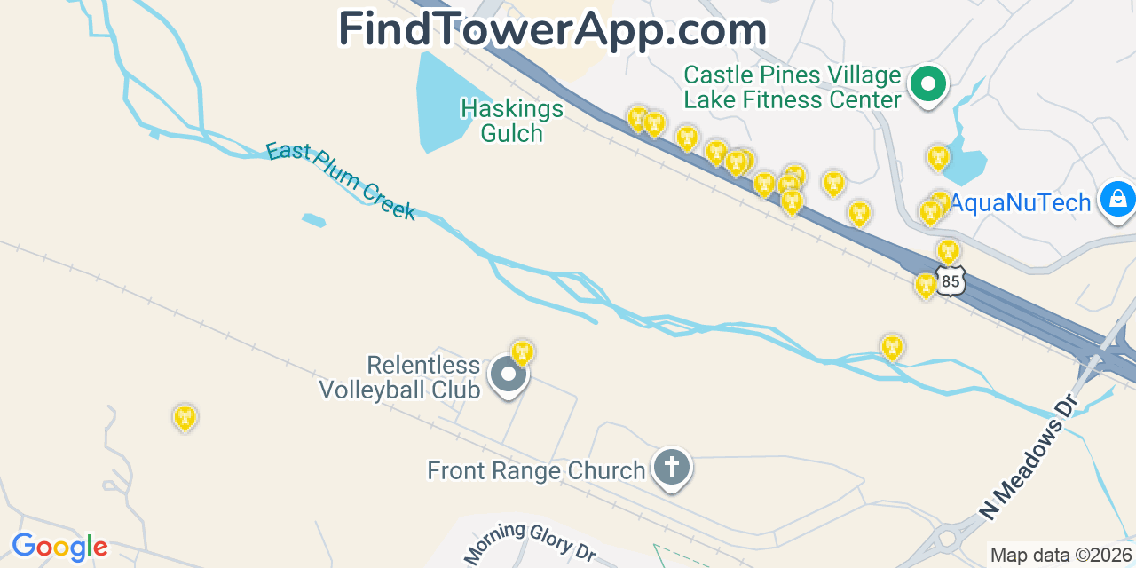 Map showing the 20 primary cell tower locations detected in Castle Pines North, Colorado from AT&T, Verizon, and T-Mobile networks