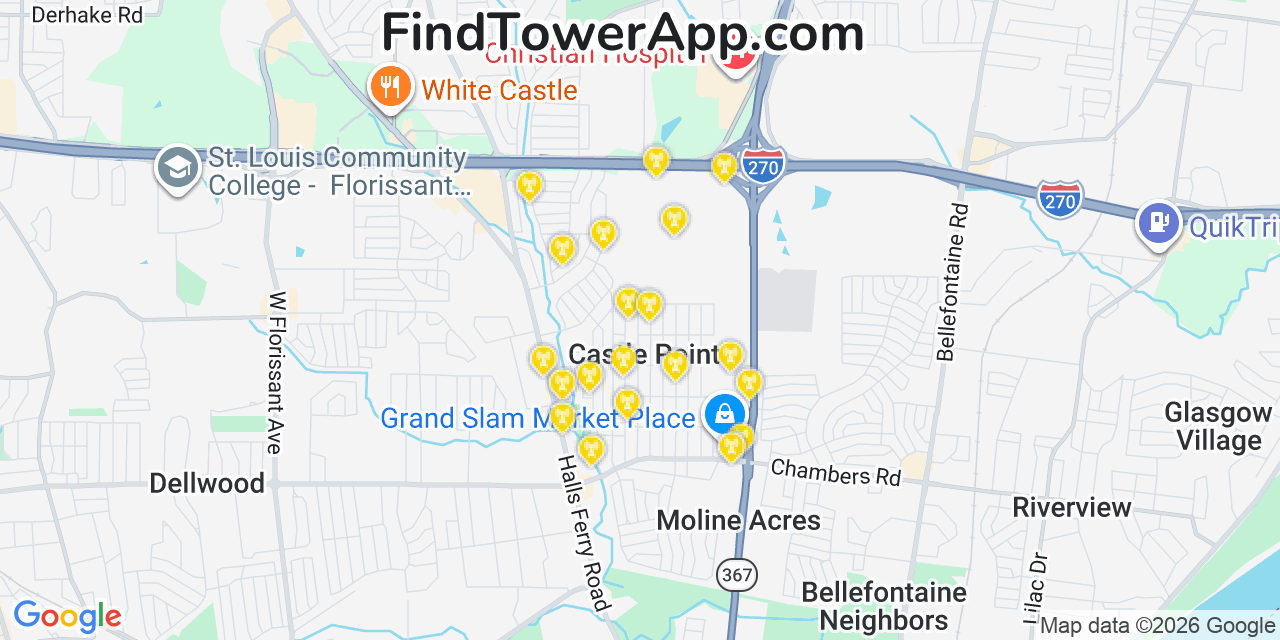 Map showing the 20 primary cell tower locations detected in Castle Point, Missouri from AT&T, Verizon, and T-Mobile networks