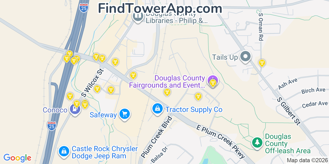 Map showing the 20 primary cell tower locations detected in Castle Rock, Colorado from AT&T, Verizon, and T-Mobile networks