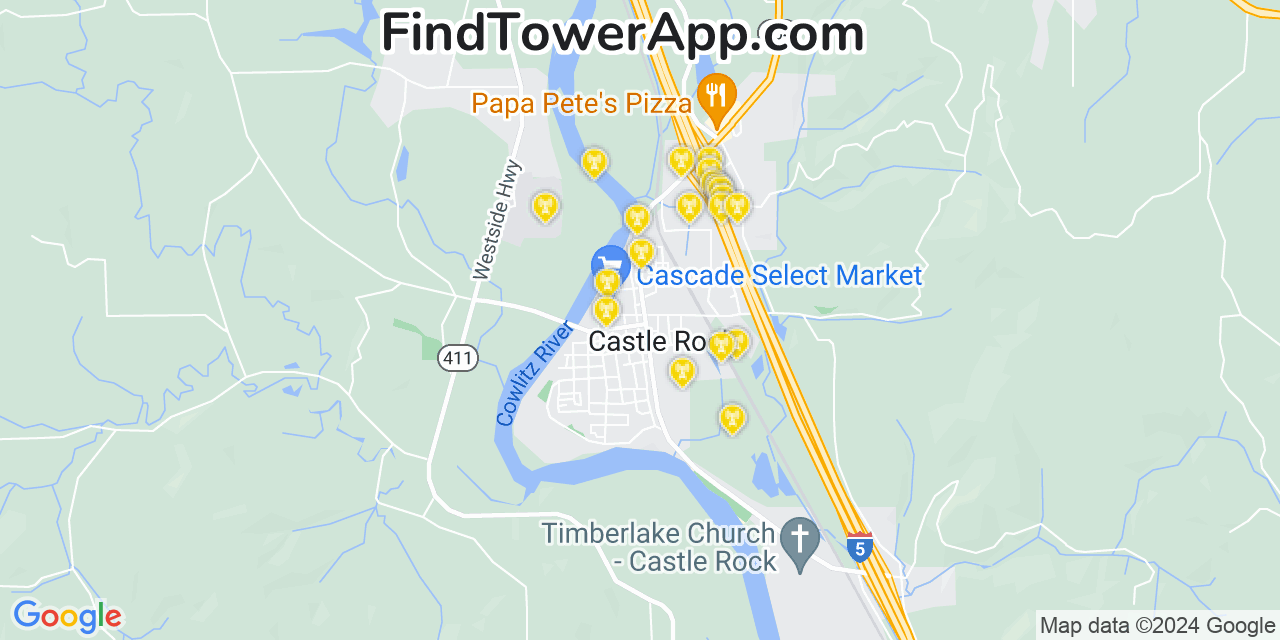 AT&T 4G/5G cell tower coverage map Castle Rock, Washington