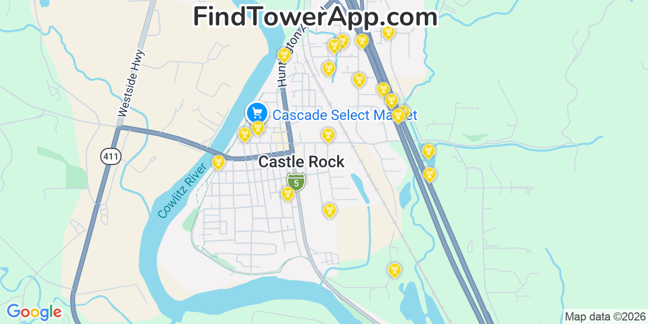 Map showing the 20 primary cell tower locations detected in Castle Rock, Washington from AT&T, Verizon, and T-Mobile networks