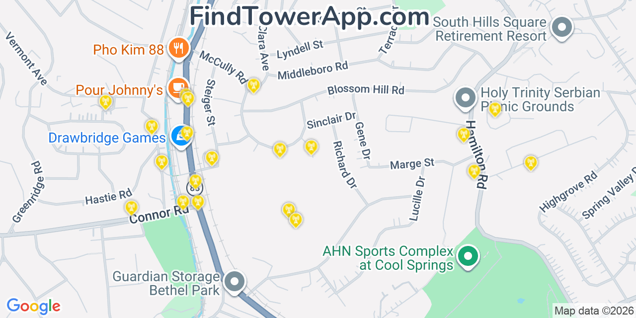 Map showing the 20 primary cell tower locations detected in Castle Shannon, Pennsylvania from AT&T, Verizon, and T-Mobile networks
