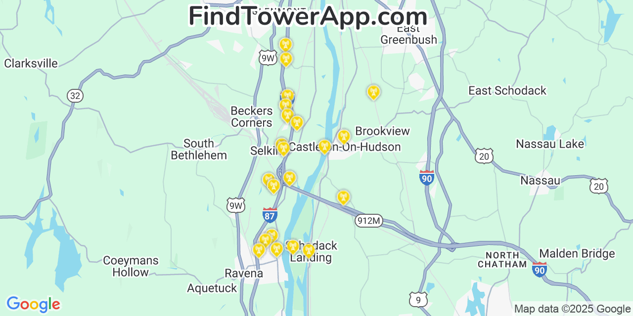 Map showing the 21 primary AT&T cell tower locations detected in Castleton On Hudson, New York with coverage radius and signal strength indicators