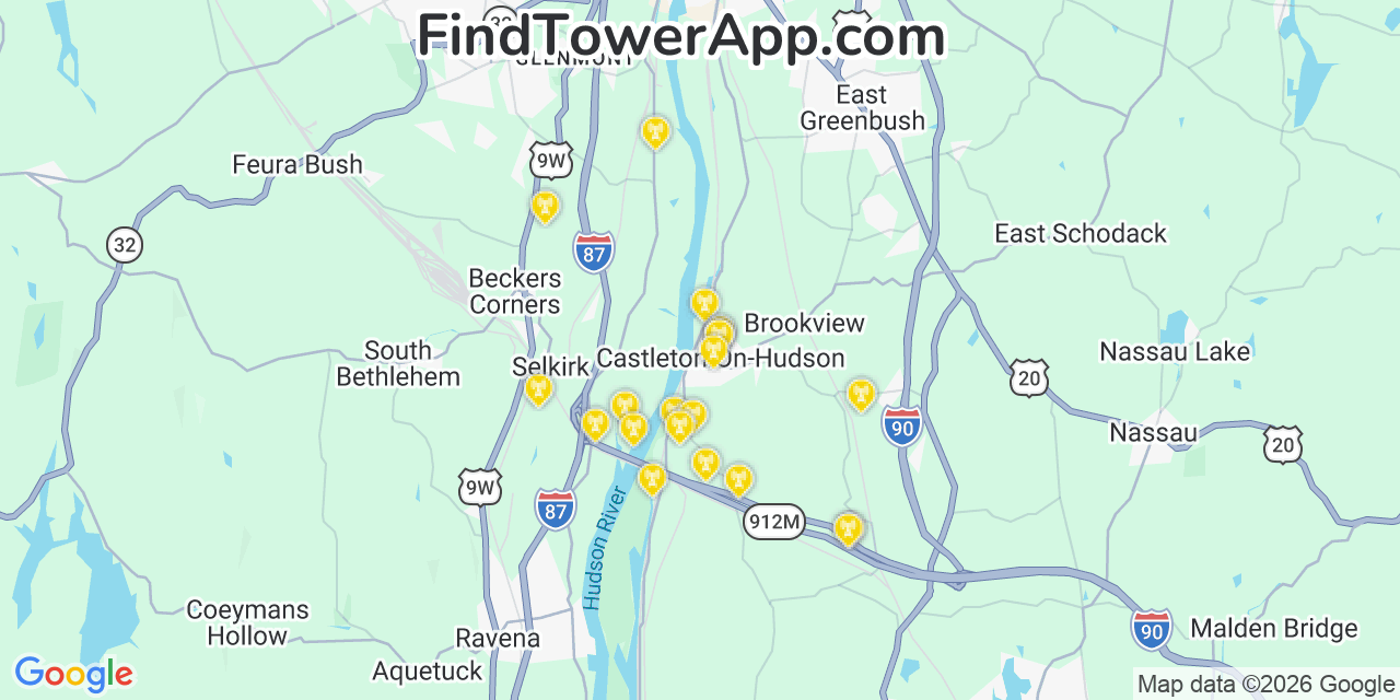 Map showing the 20 primary cell tower locations detected in Castleton On Hudson, New York from AT&T, Verizon, and T-Mobile networks