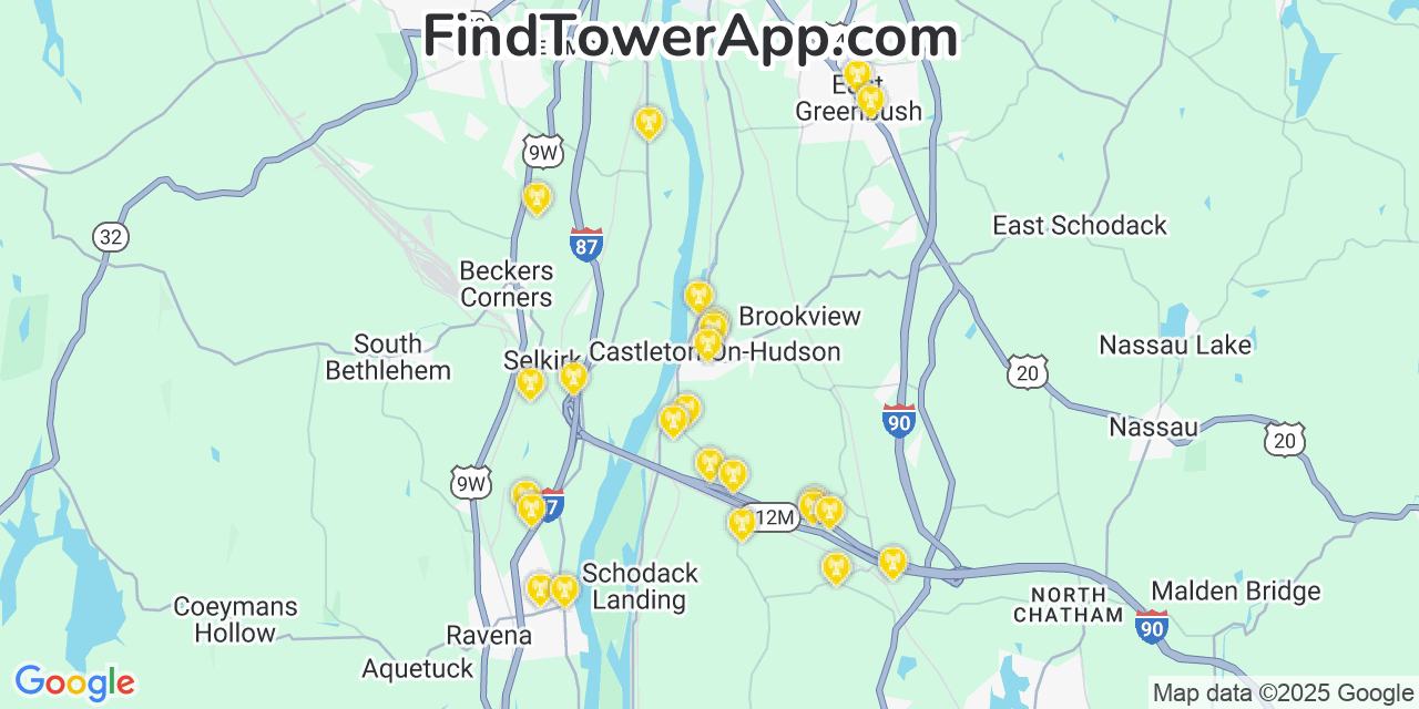 Map showing the 24 primary Verizon cell tower locations detected in Castleton On Hudson, New York with coverage radius and signal strength indicators