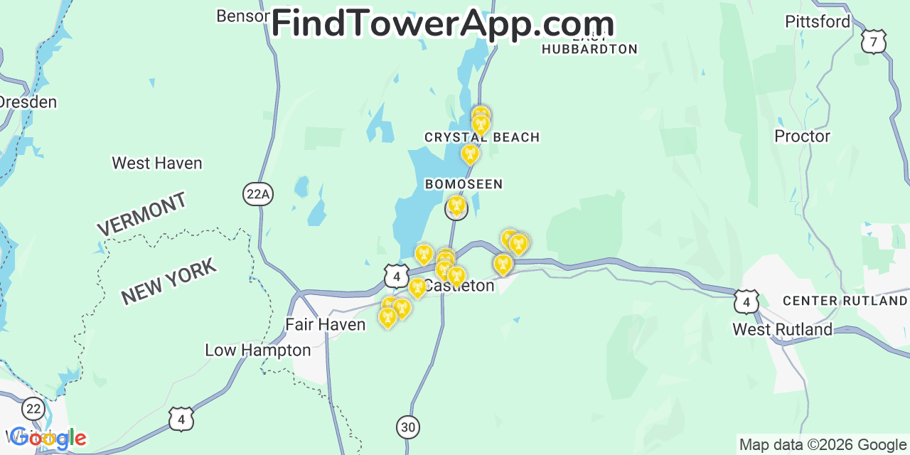 Map showing the 20 primary cell tower locations detected in Castleton, Vermont from AT&T, Verizon, and T-Mobile networks