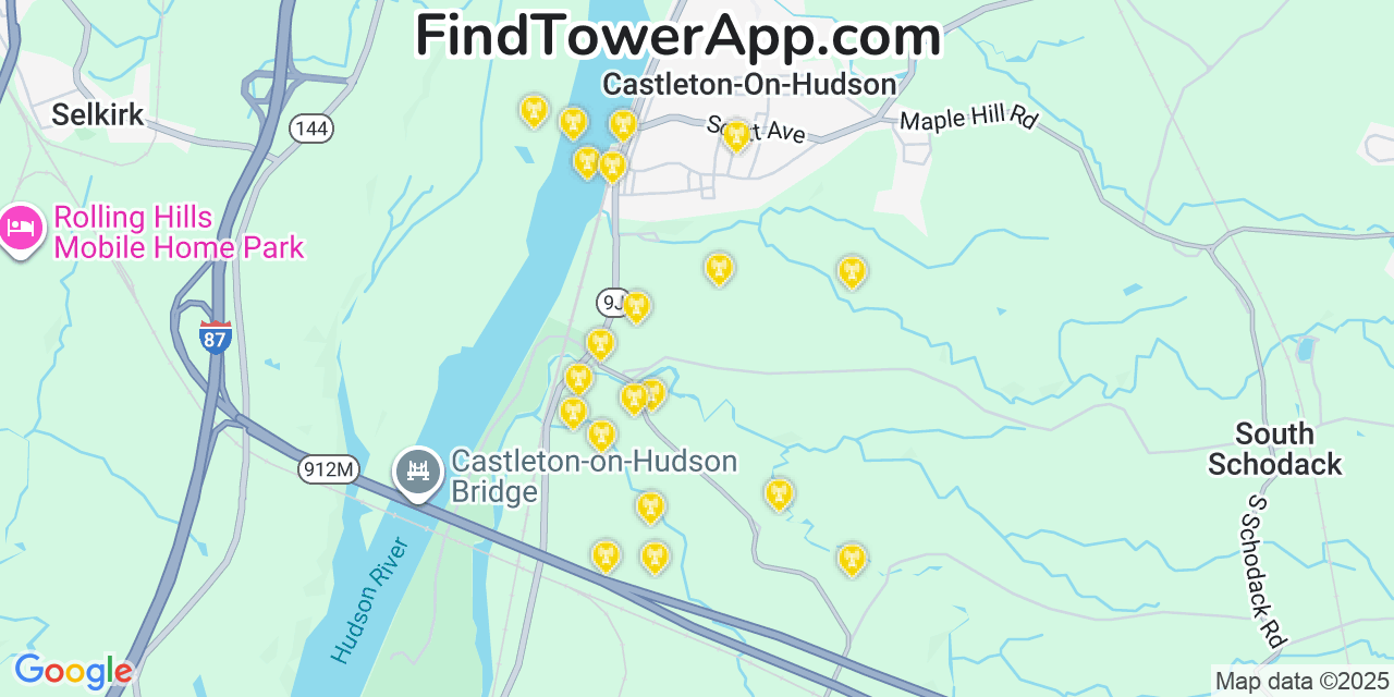 Map showing the 20 primary cell tower locations detected in Castleton-on-Hudson, New York from AT&T, Verizon, and T-Mobile networks