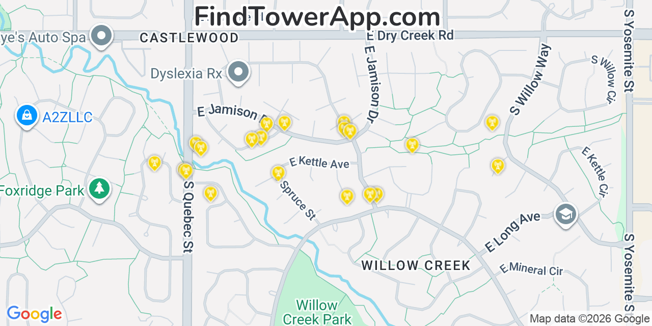 Map showing the 20 primary cell tower locations detected in Castlewood, Colorado from AT&T, Verizon, and T-Mobile networks