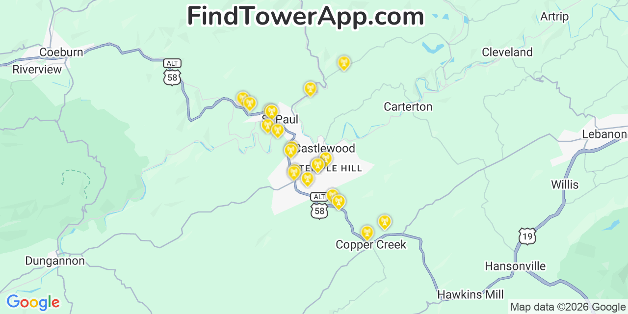 Map showing the 20 primary cell tower locations detected in Castlewood, Virginia from AT&T, Verizon, and T-Mobile networks