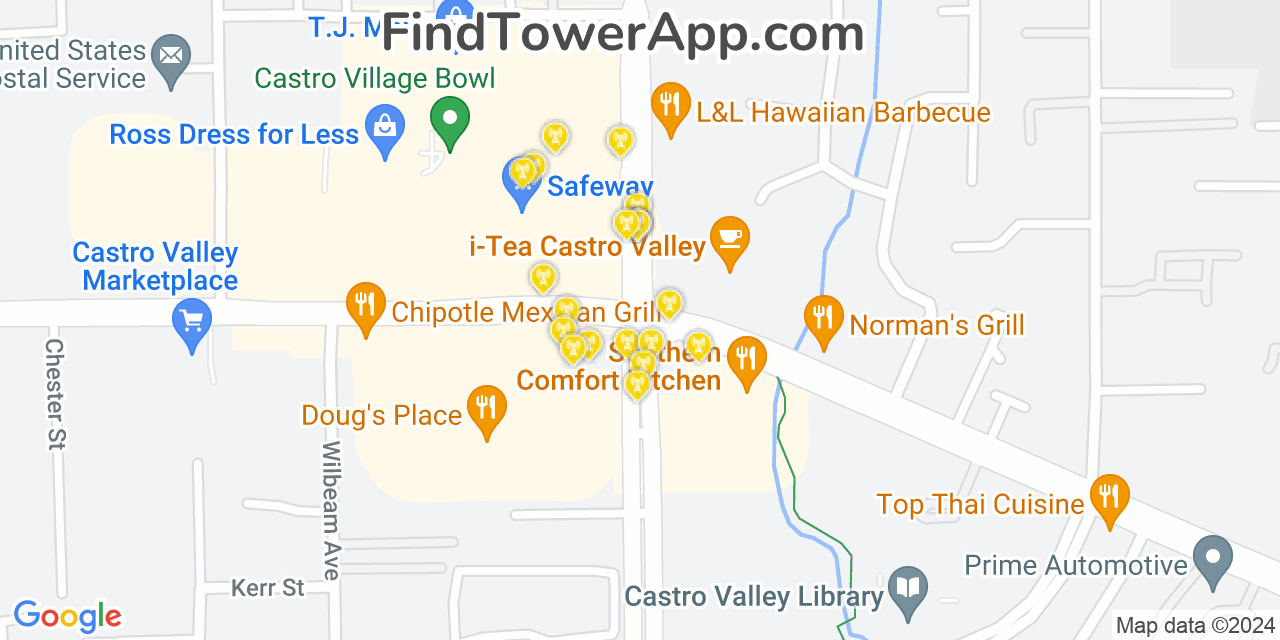 AT&T 4G/5G cell tower coverage map Castro Valley, California