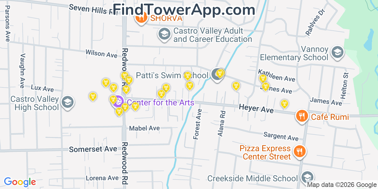 Map showing the 20 primary cell tower locations detected in Castro Valley, California from AT&T, Verizon, and T-Mobile networks