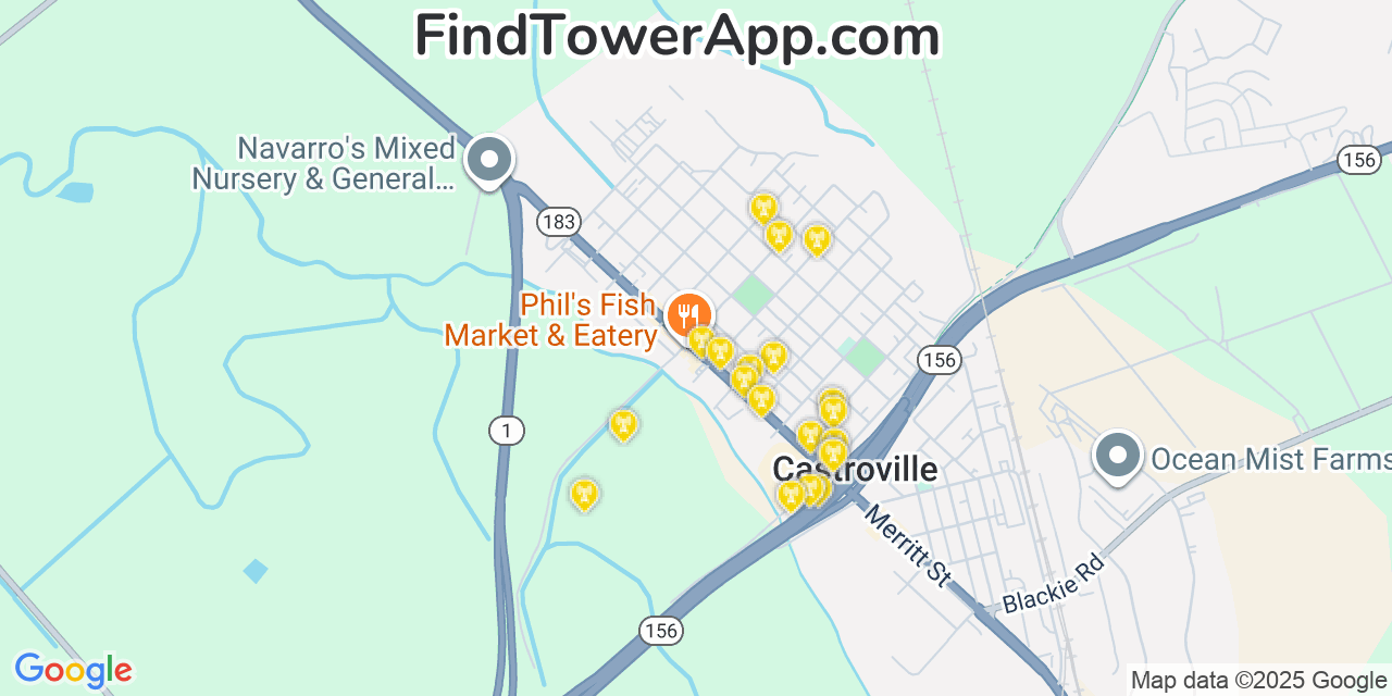 Map showing the 20 primary cell tower locations detected in Castroville, California from AT&T, Verizon, and T-Mobile networks