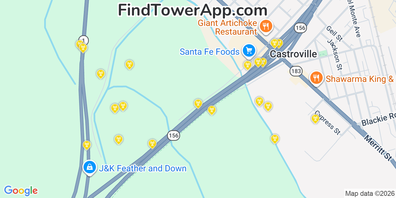 Map showing the 20 primary cell tower locations detected in Castroville, California from AT&T, Verizon, and T-Mobile networks