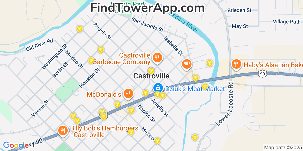 Map showing the 20 primary cell tower locations detected in Castroville, Texas from AT&T, Verizon, and T-Mobile networks