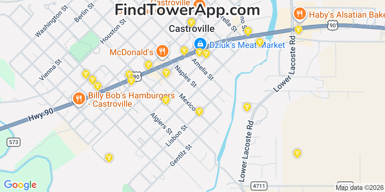 Map showing the 20 primary cell tower locations detected in Castroville, Texas from AT&T, Verizon, and T-Mobile networks