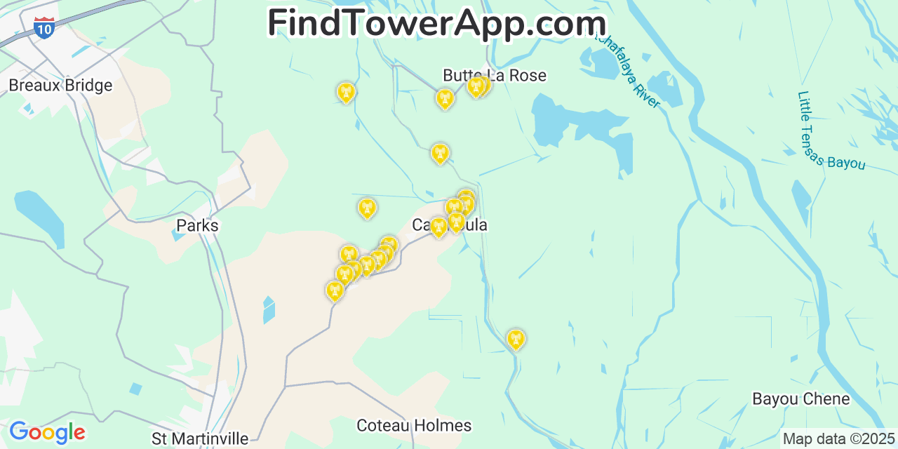 Map showing the 20 primary cell tower locations detected in Catahoula, Louisiana from AT&T, Verizon, and T-Mobile networks