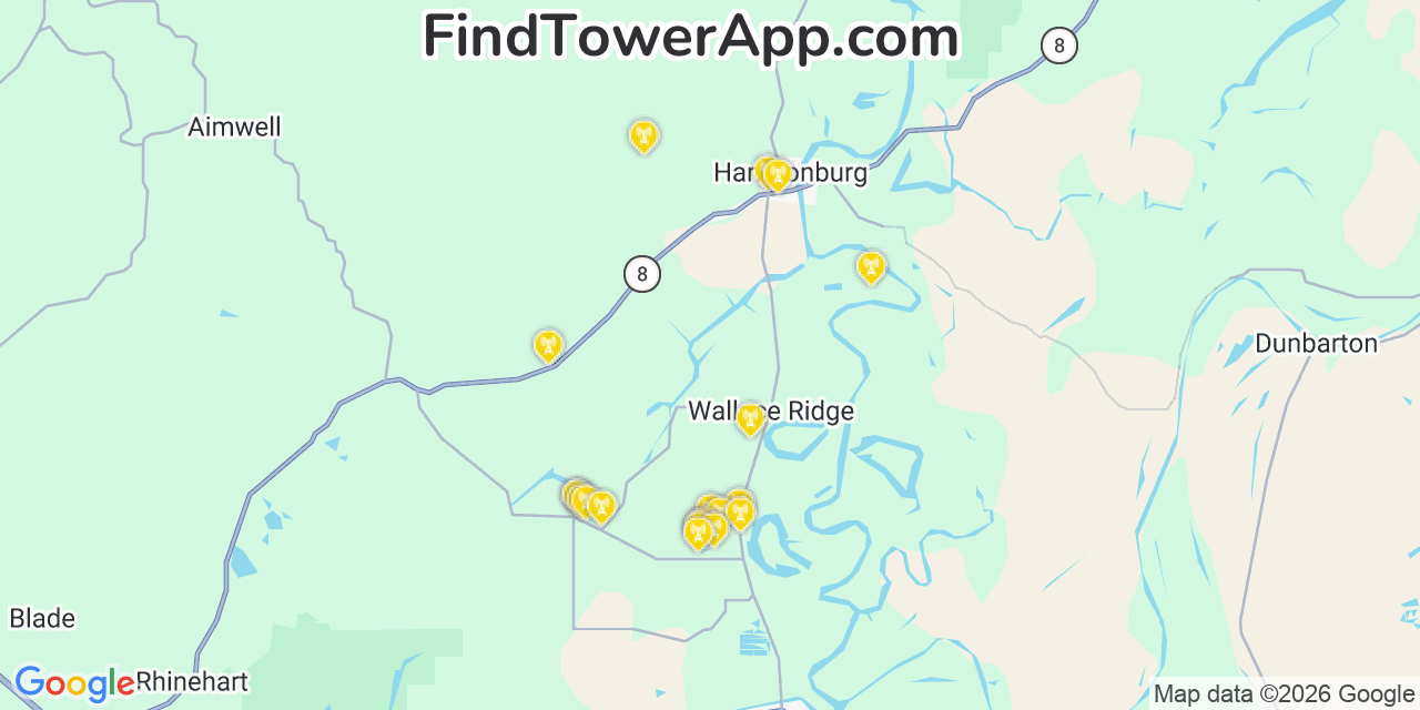 Map showing the 20 primary cell tower locations detected in Catahoula, Louisiana from AT&T, Verizon, and T-Mobile networks