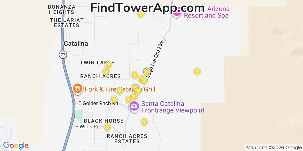Map showing the 20 primary cell tower locations detected in Catalina, Arizona from AT&T, Verizon, and T-Mobile networks