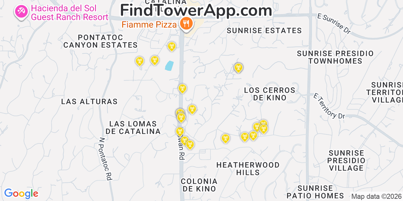 Map showing the 20 primary cell tower locations detected in Catalina Foothills, Arizona from AT&T, Verizon, and T-Mobile networks