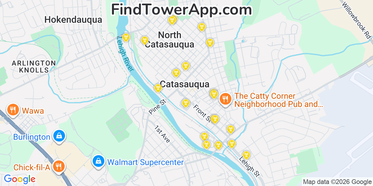 Map showing the 20 primary cell tower locations detected in Catasauqua, Pennsylvania from AT&T, Verizon, and T-Mobile networks