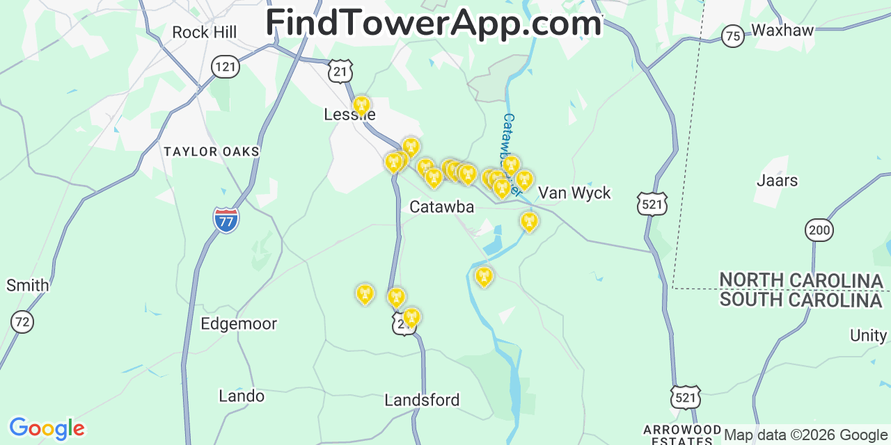 Map showing the 20 primary cell tower locations detected in Catawba, South Carolina from AT&T, Verizon, and T-Mobile networks