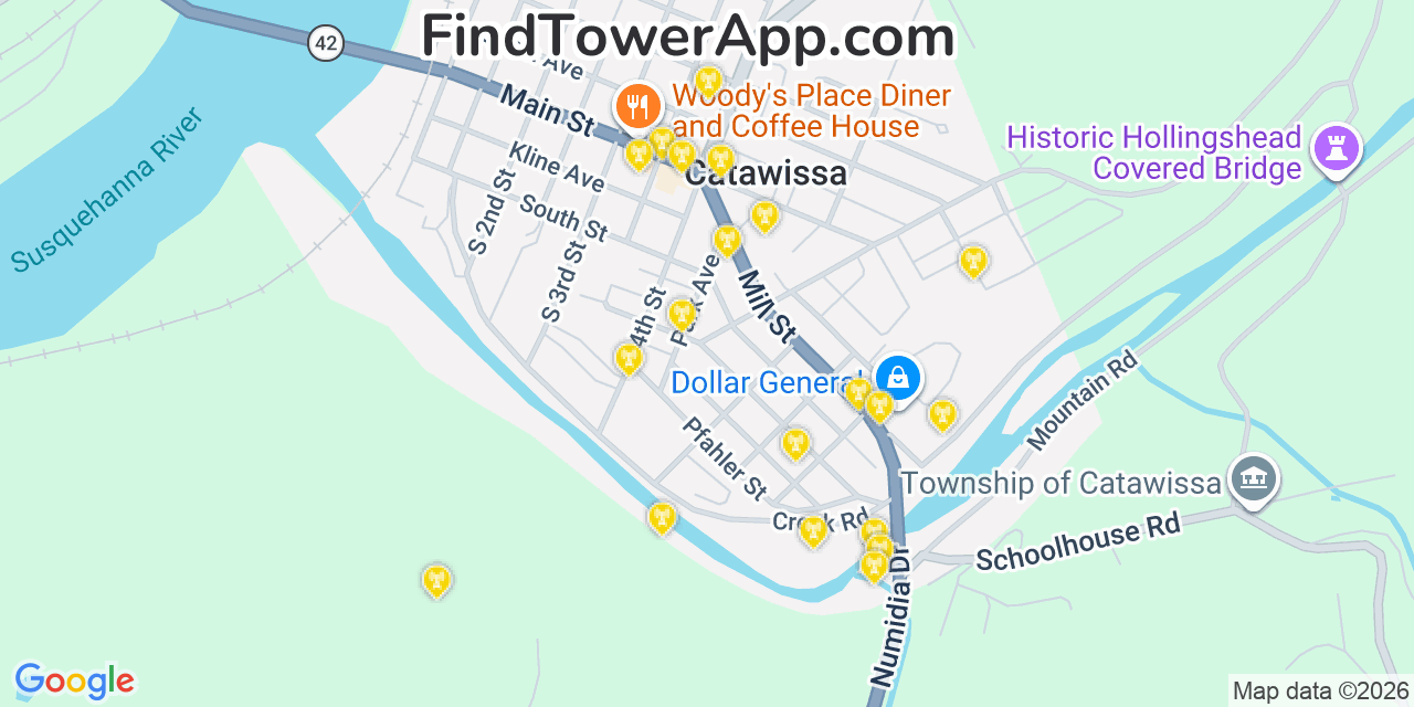 Map showing the 20 primary cell tower locations detected in Catawissa, Pennsylvania from AT&T, Verizon, and T-Mobile networks