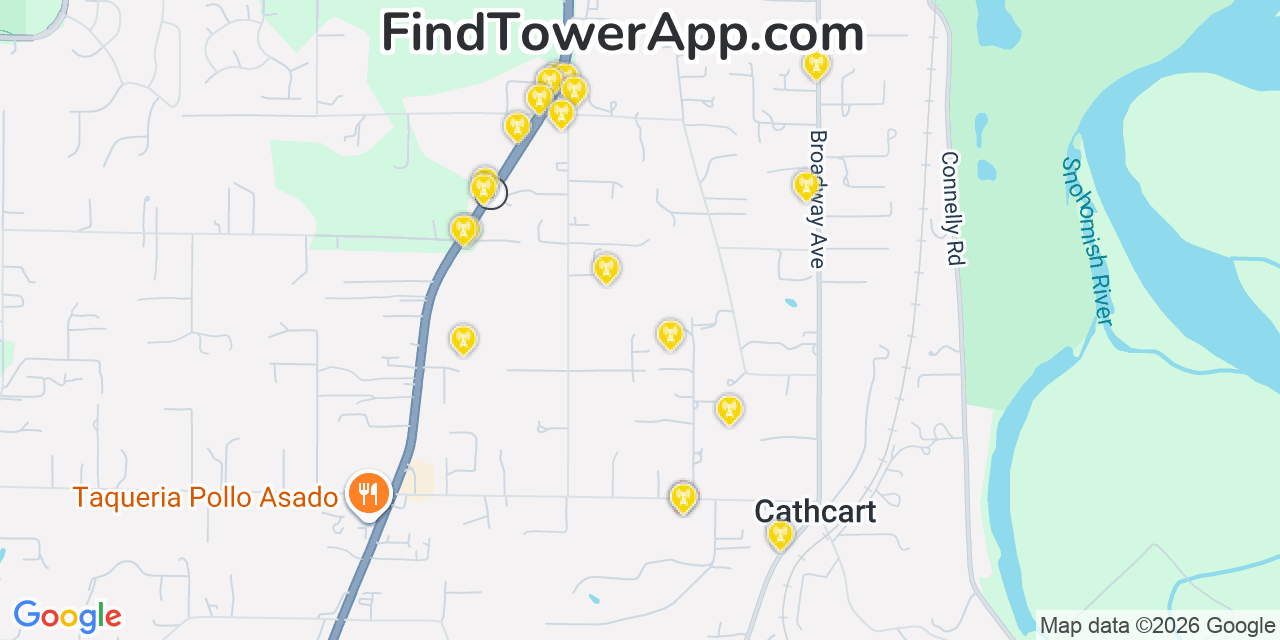 Map showing the 20 primary cell tower locations detected in Cathcart, Washington from AT&T, Verizon, and T-Mobile networks