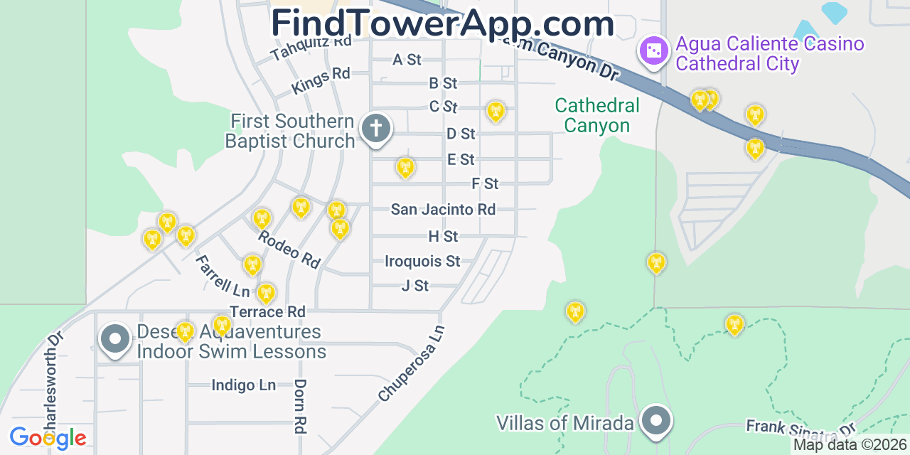 Map showing the 20 primary cell tower locations detected in Cathedral City, California from AT&T, Verizon, and T-Mobile networks