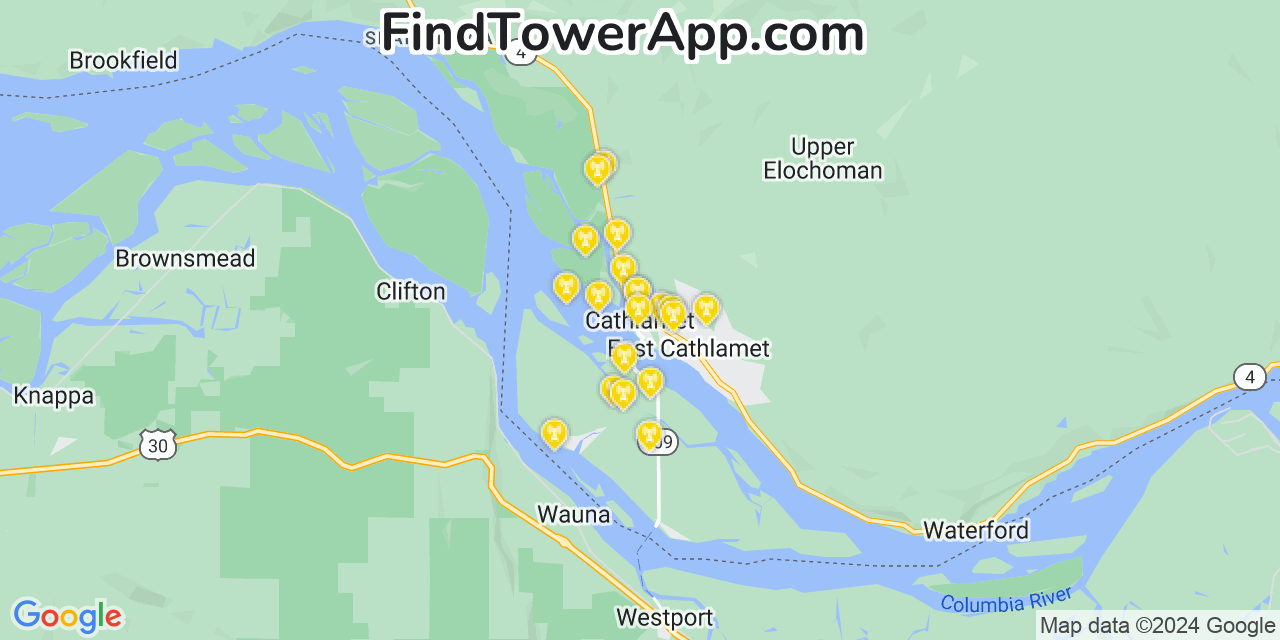 AT&T 4G/5G cell tower coverage map Cathlamet, Washington