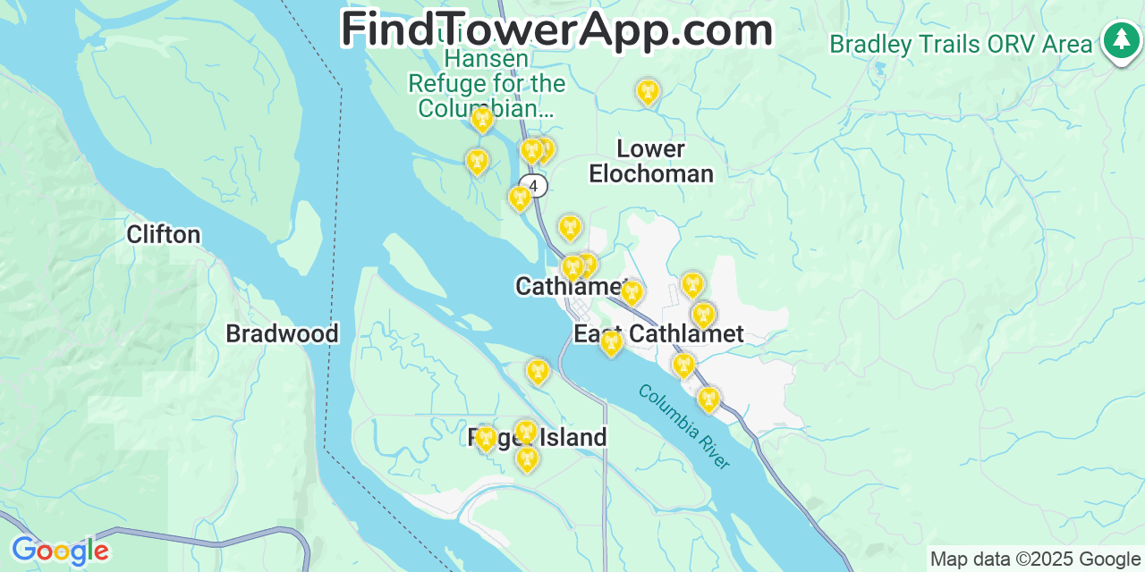 Map showing the 20 primary cell tower locations detected in Cathlamet, Washington from AT&T, Verizon, and T-Mobile networks