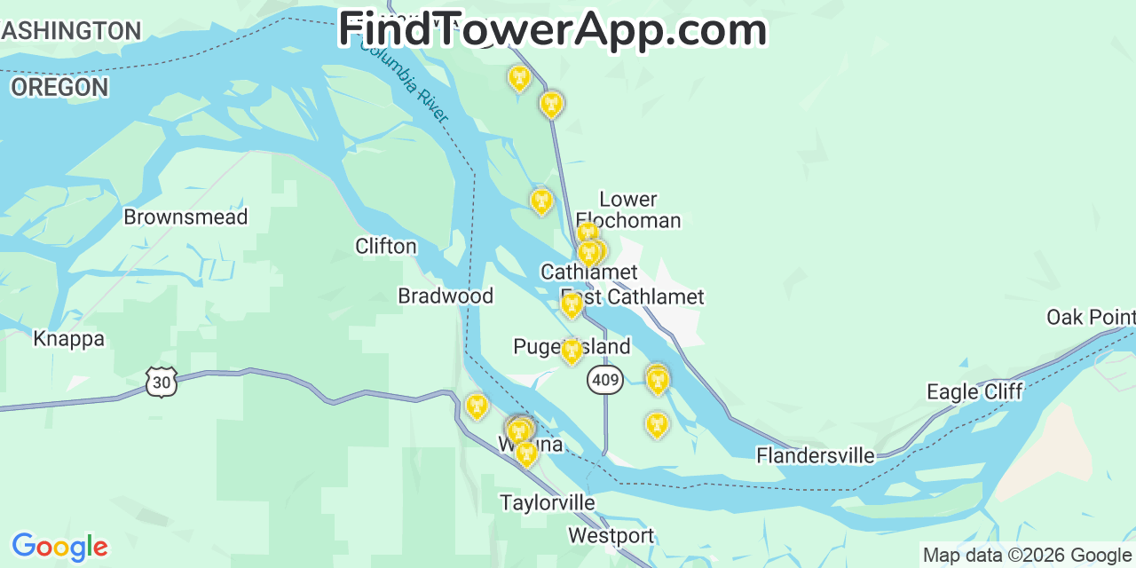 Map showing the 20 primary cell tower locations detected in Cathlamet, Washington from AT&T, Verizon, and T-Mobile networks