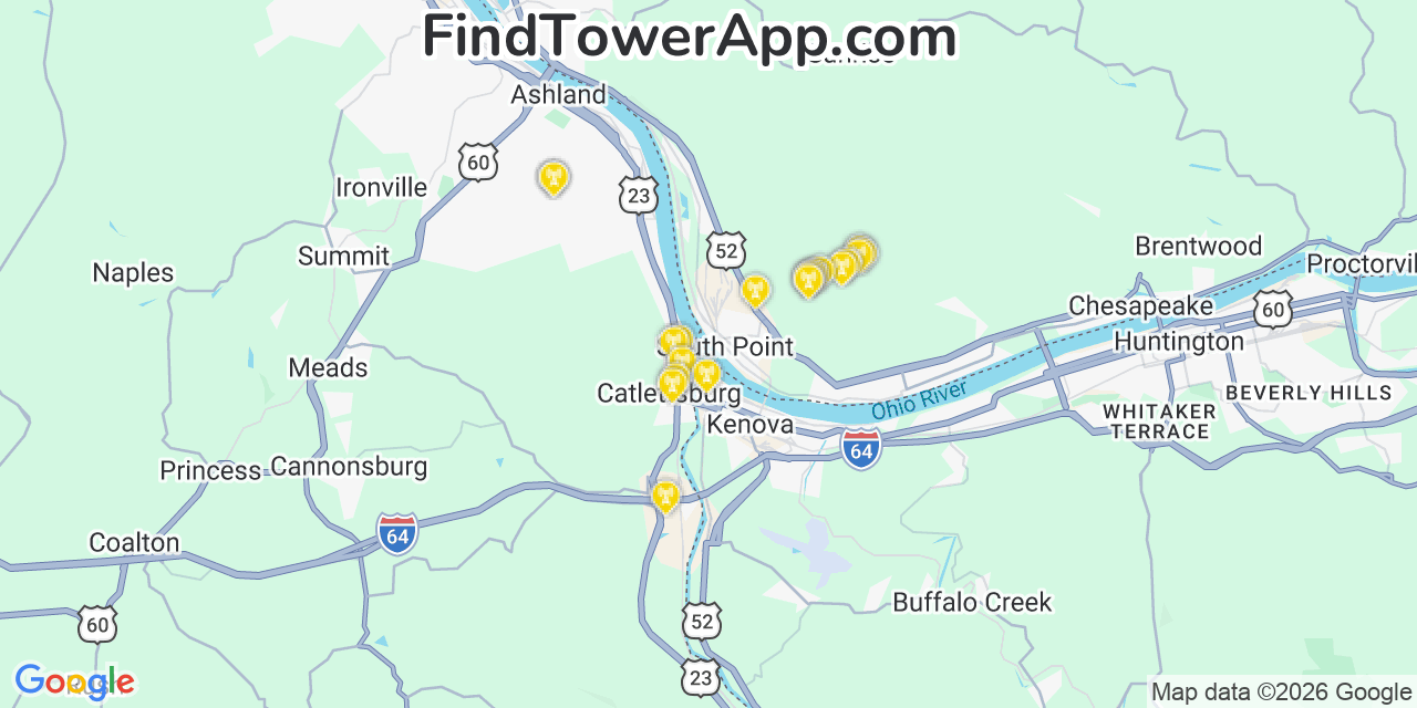 Map showing the 20 primary cell tower locations detected in Catlettsburg, Kentucky from AT&T, Verizon, and T-Mobile networks