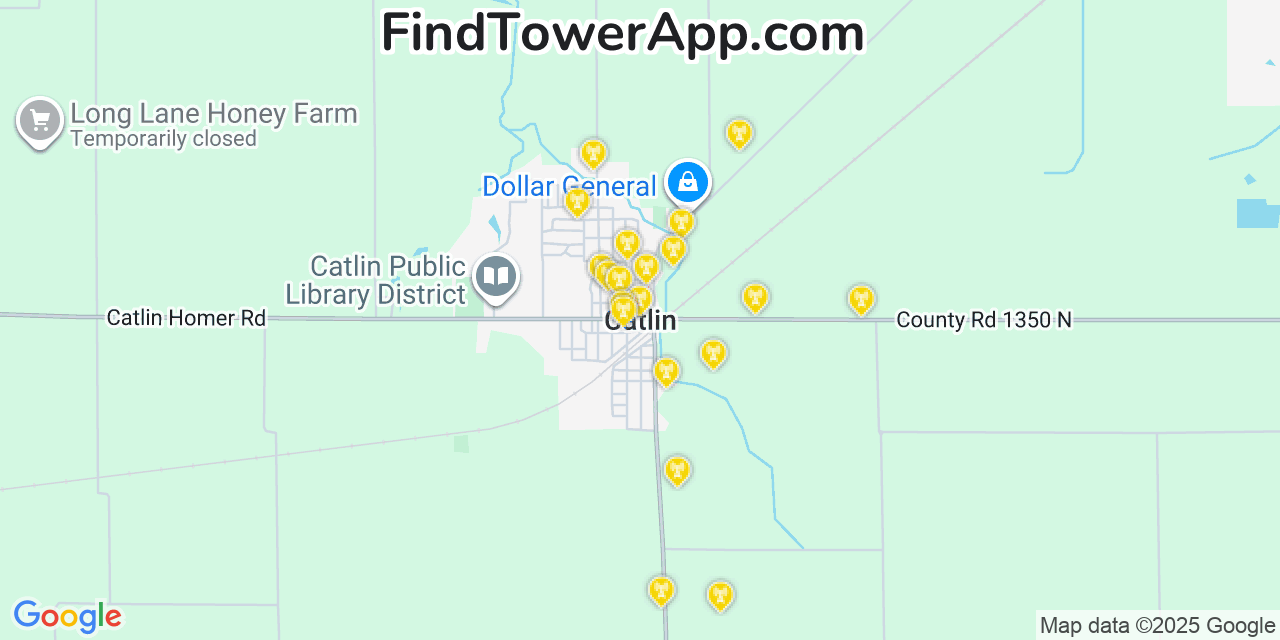 Map showing the 20 primary cell tower locations detected in Catlin, Illinois from AT&T, Verizon, and T-Mobile networks