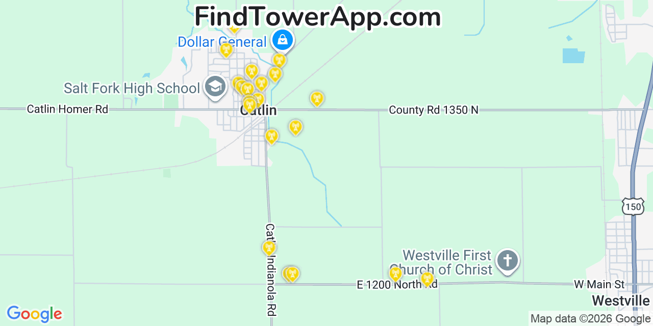 Map showing the 20 primary cell tower locations detected in Catlin, Illinois from AT&T, Verizon, and T-Mobile networks