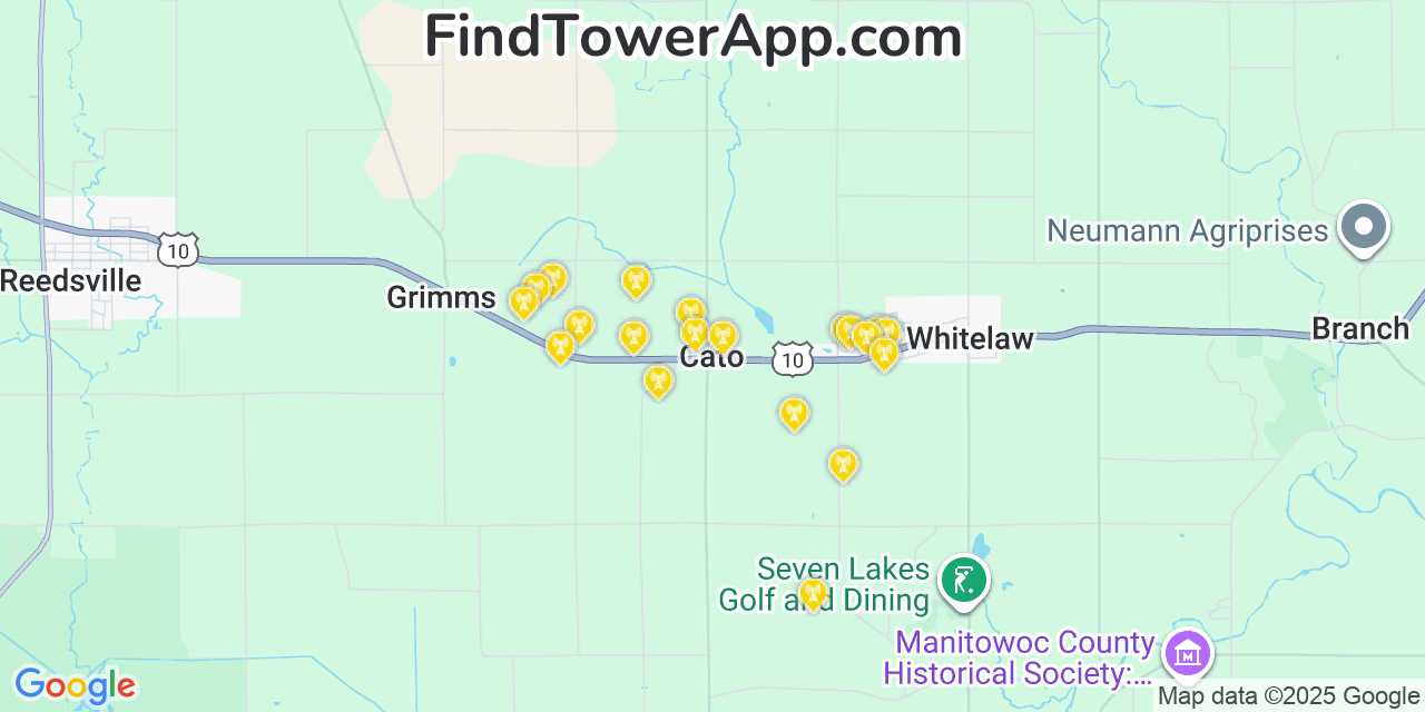 Map showing the 20 primary cell tower locations detected in Cato, Wisconsin from AT&T, Verizon, and T-Mobile networks
