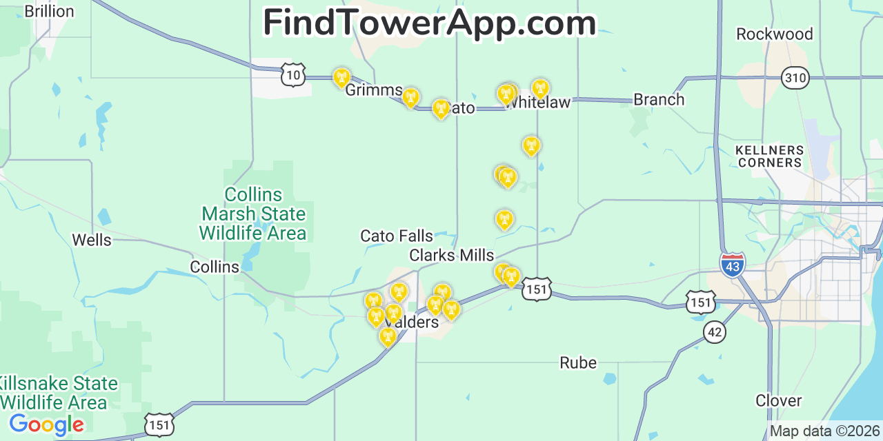 Map showing the 20 primary cell tower locations detected in Cato, Wisconsin from AT&T, Verizon, and T-Mobile networks
