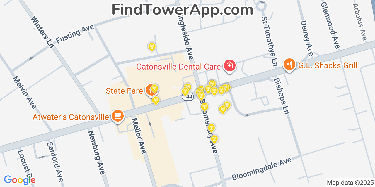 Map showing the 20 primary cell tower locations detected in Catonsville, Maryland from AT&T, Verizon, and T-Mobile networks