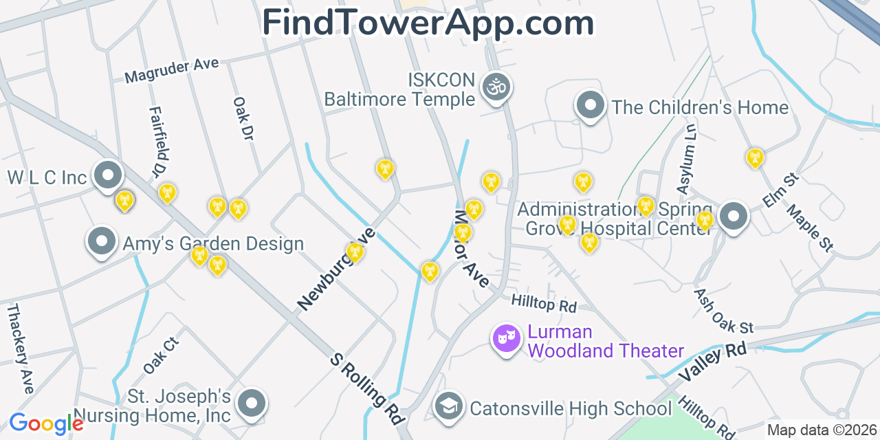 Map showing the 20 primary cell tower locations detected in Catonsville, Maryland from AT&T, Verizon, and T-Mobile networks