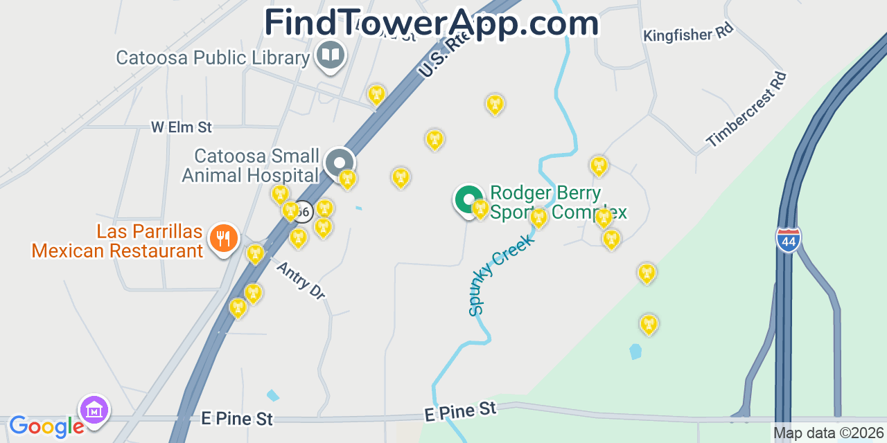 Map showing the 20 primary cell tower locations detected in Catoosa, Oklahoma from AT&T, Verizon, and T-Mobile networks