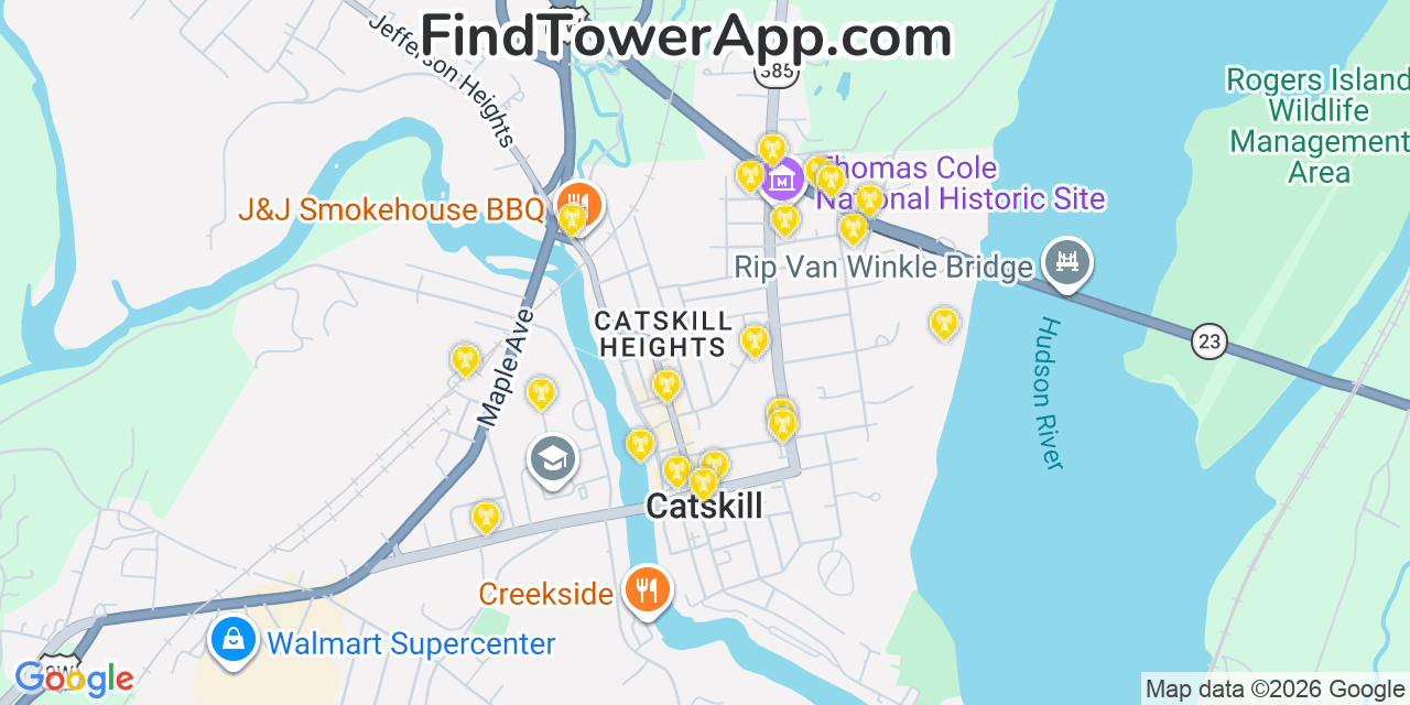 Map showing the 20 primary cell tower locations detected in Catskill, New York from AT&T, Verizon, and T-Mobile networks