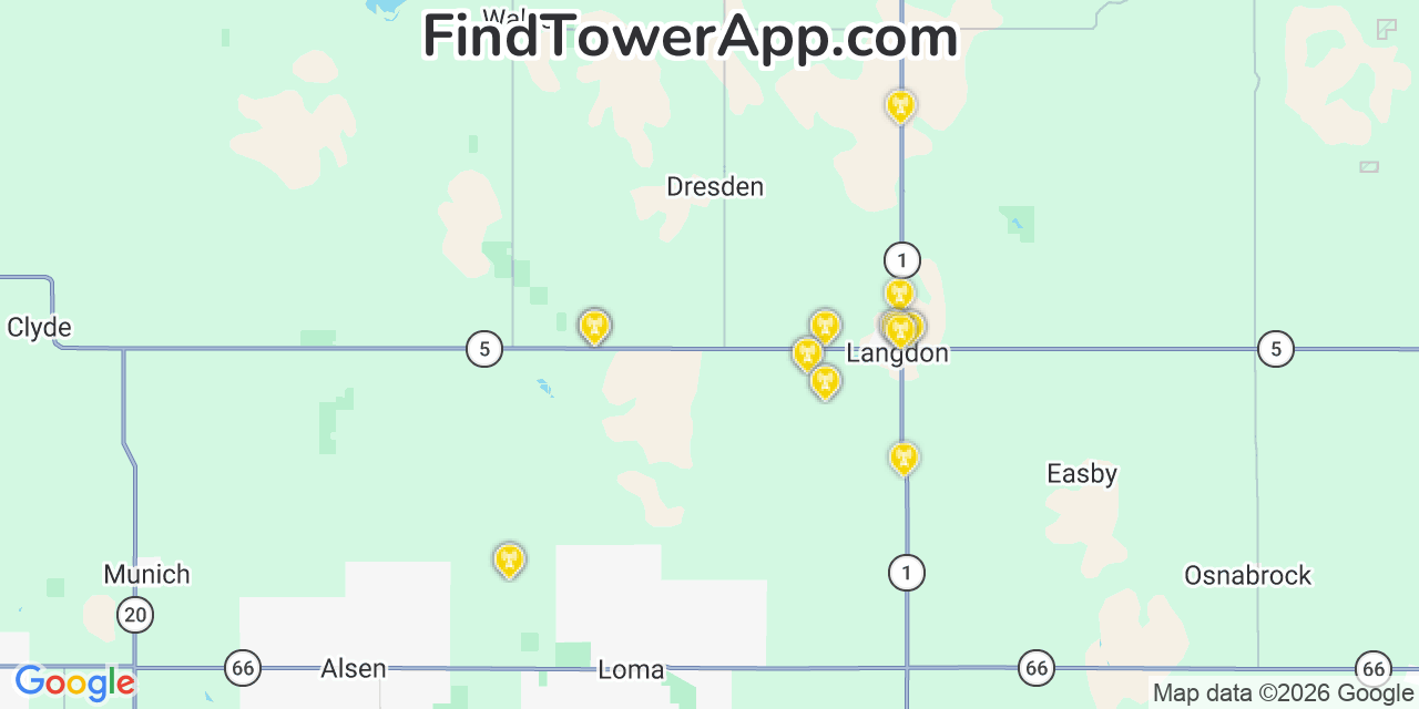 Map showing the 20 primary cell tower locations detected in Cavalier, North Dakota from AT&T, Verizon, and T-Mobile networks