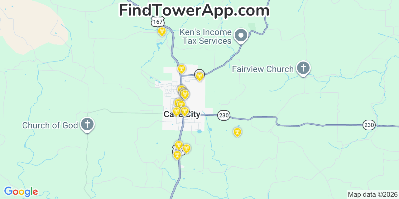 Map showing the 20 primary cell tower locations detected in Cave City, Arkansas from AT&T, Verizon, and T-Mobile networks
