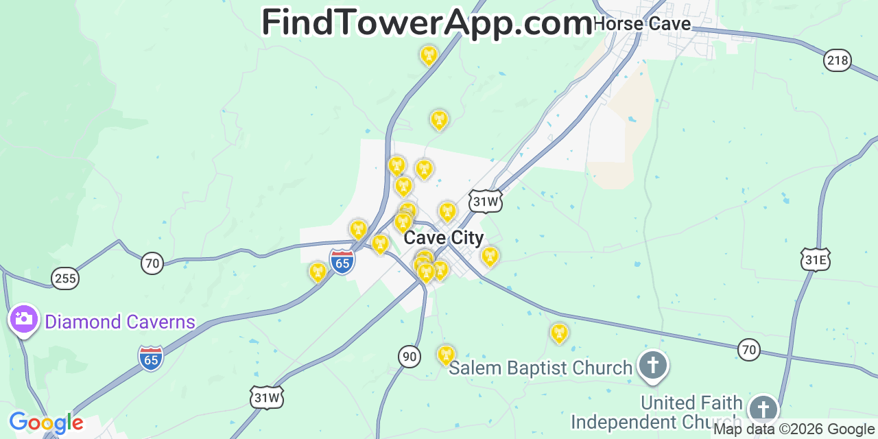 Map showing the 20 primary cell tower locations detected in Cave City, Kentucky from AT&T, Verizon, and T-Mobile networks